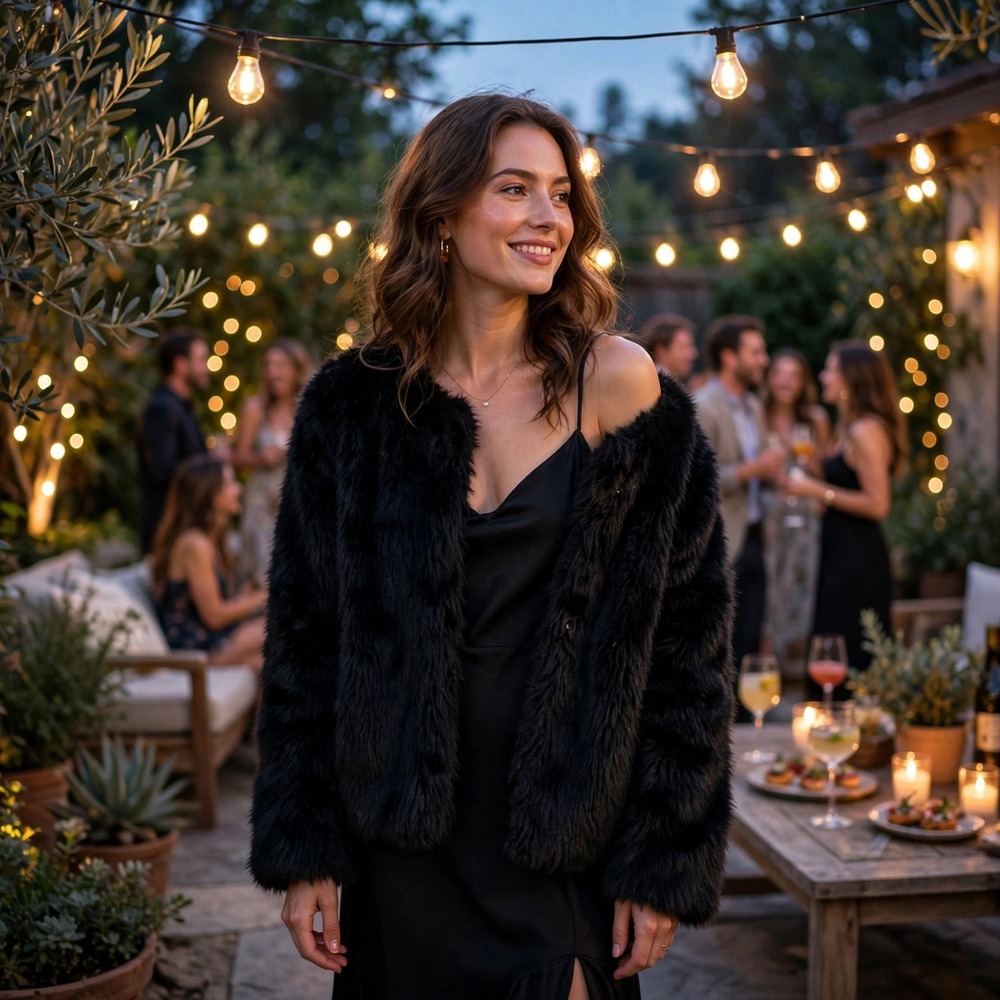 Cara Black Faux Fur Jacket Coat‎ S/M Women's Plush Cozy Party Outerwear